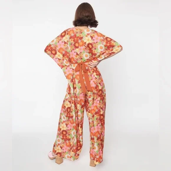 Unique Vintage Orange Flower Bunch Caftan Jumpsuit Size XL/1X - Picture 2 of 11